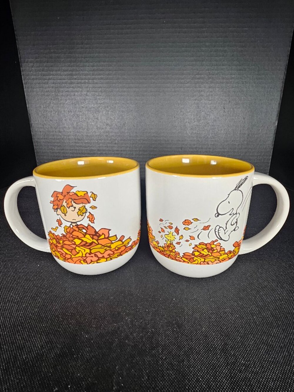 Rare Peanuts Fall Mugs, Set Of Two Snoopy, Linus And Woodstock In Leaves